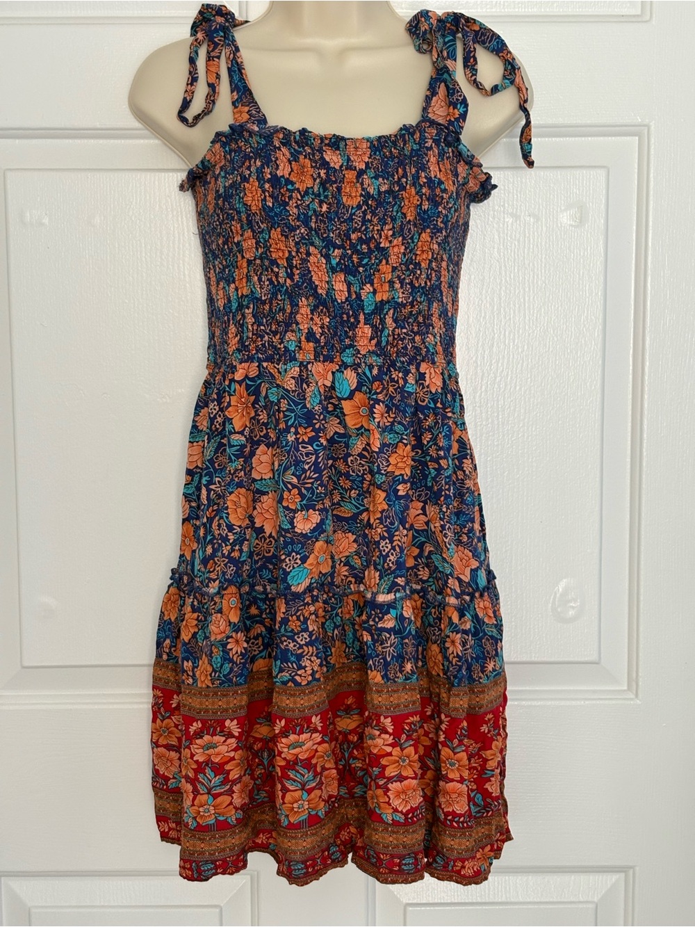 Smocked Tie-Shoulder Mini Dress in Navy and Orange Floral